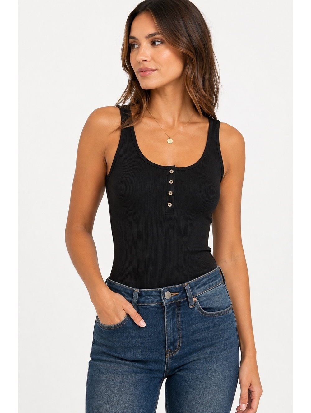 H&M Ribbed Henley Bodysuit Black Sleeveless Snap Closure Women’s Small
